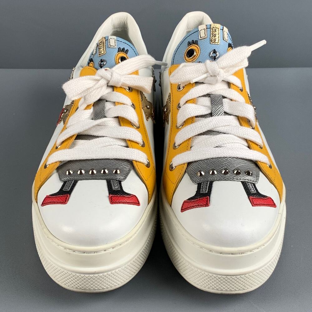 PRADA Size 10 White Multi-Color Leather Aplique Low Top Sneakers - Picture 4 of 8